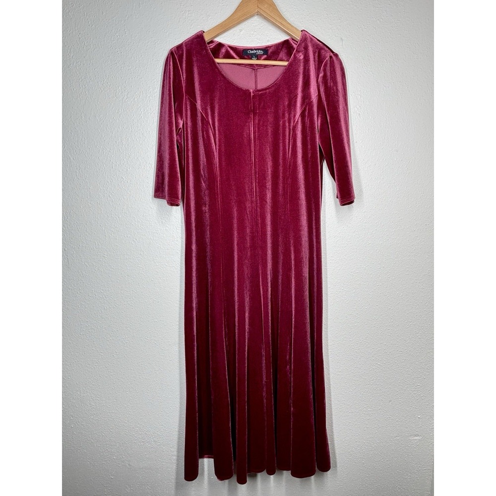 Chadwicks Maroon Velvet Midi Shift Dress Womens Large Scoop Relaxed Boho EUC